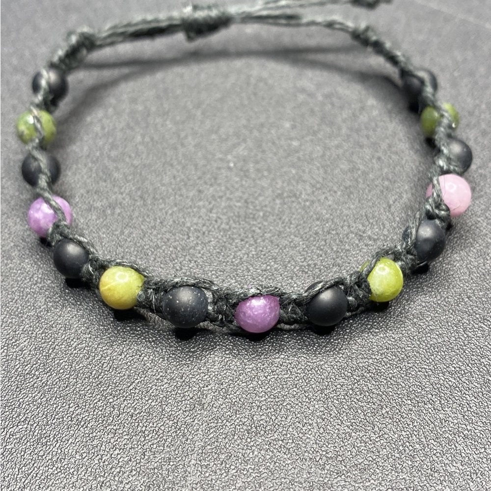 HANDMADE Purple Lepidolite, Matte Black Onyx, & Green Jade beads with Black Hemp
